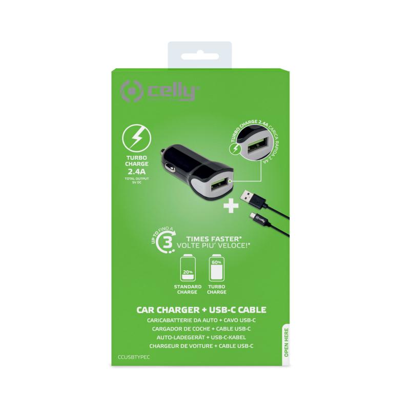 Carregador auto celly turbo 2.4a usb + cabo usb-c