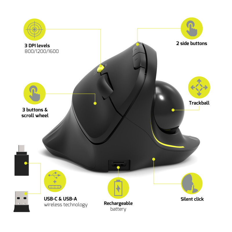 Rato wireless com design ergonômico prof 2.4ghz track ball