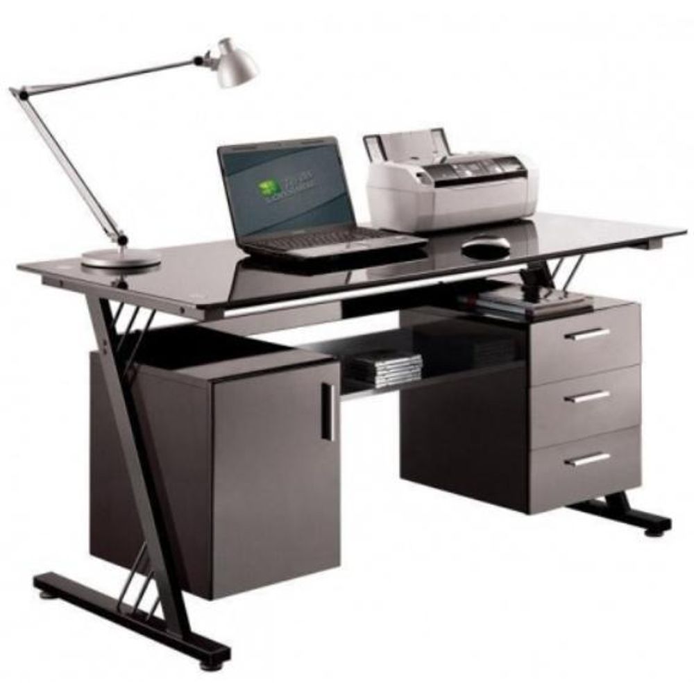 Secretaria Para Pc Metal/Vidro Preta + Gaveta