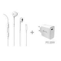 Adaptador de Corrente USB-C 20W + Earphones Lightning