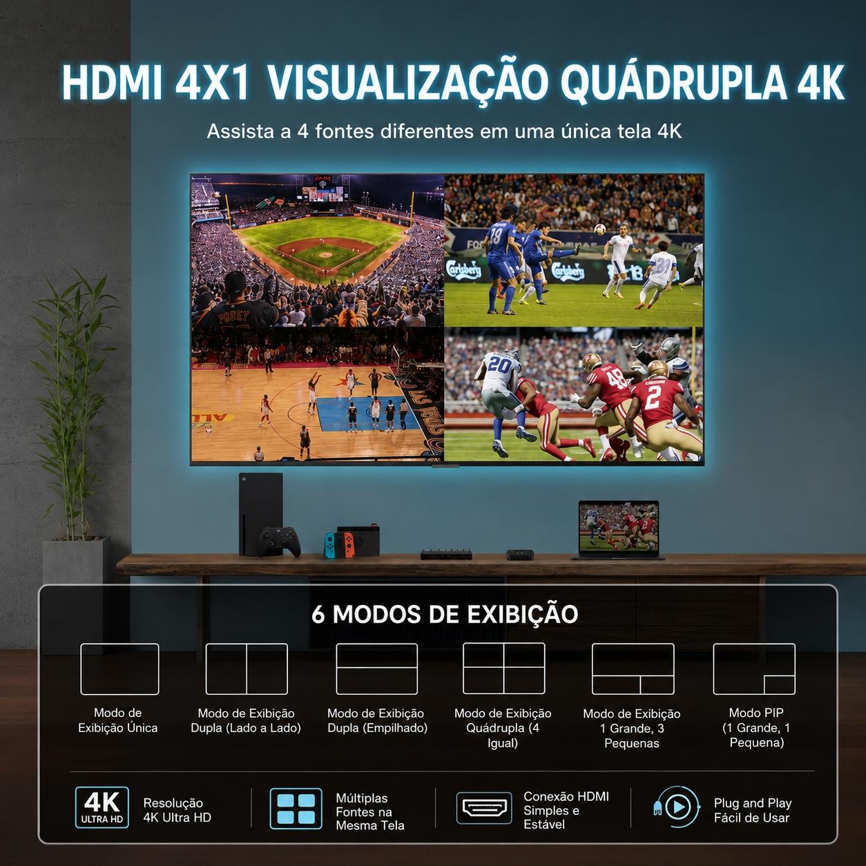 Switch Multivisualizador HDMI 4(Entradas) x 1(Saída) 4K 30 Hz Preto