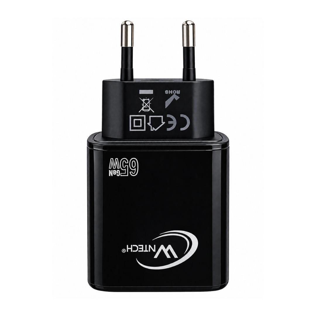 Carregador de Tomada 65W EU 2 USB-C + 1 USB-A Carregamento Rápido/PD/QC Sem Cabo Preto
