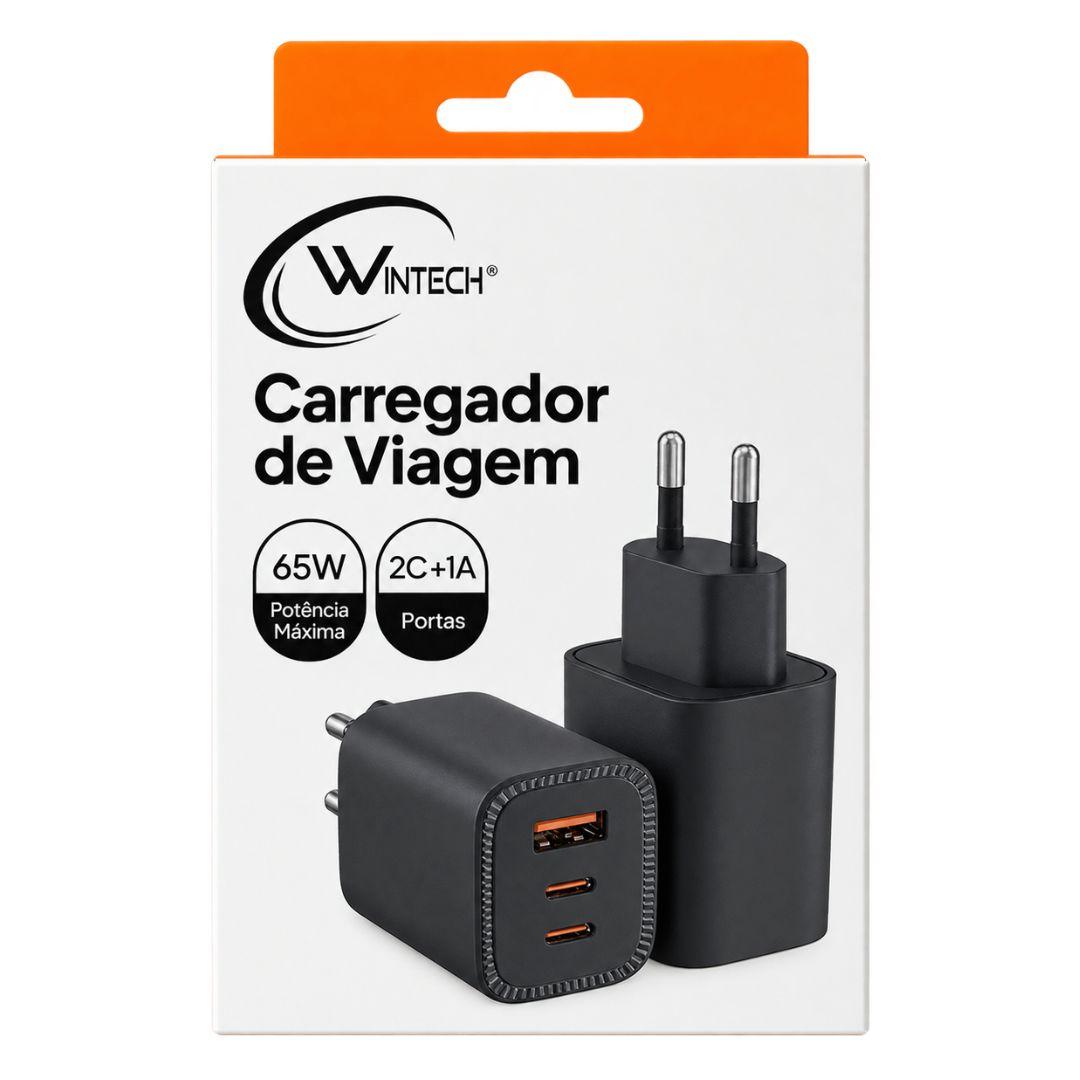Carregador de Tomada 65W EU 2 USB-C + 1 USB-A Carregamento Rápido/PD/QC Sem Cabo Preto