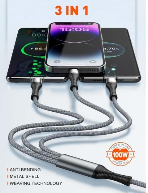 Cabo 1.2MM USB-C Para 1xLighting / 1x USB-C / 1x Micro